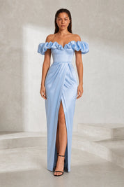 Robe longue bleue fendue épaules dénudées | Lounelle Paris