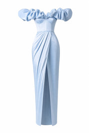 Robe longue bleue fendue épaules dénudées | Lounelle Paris