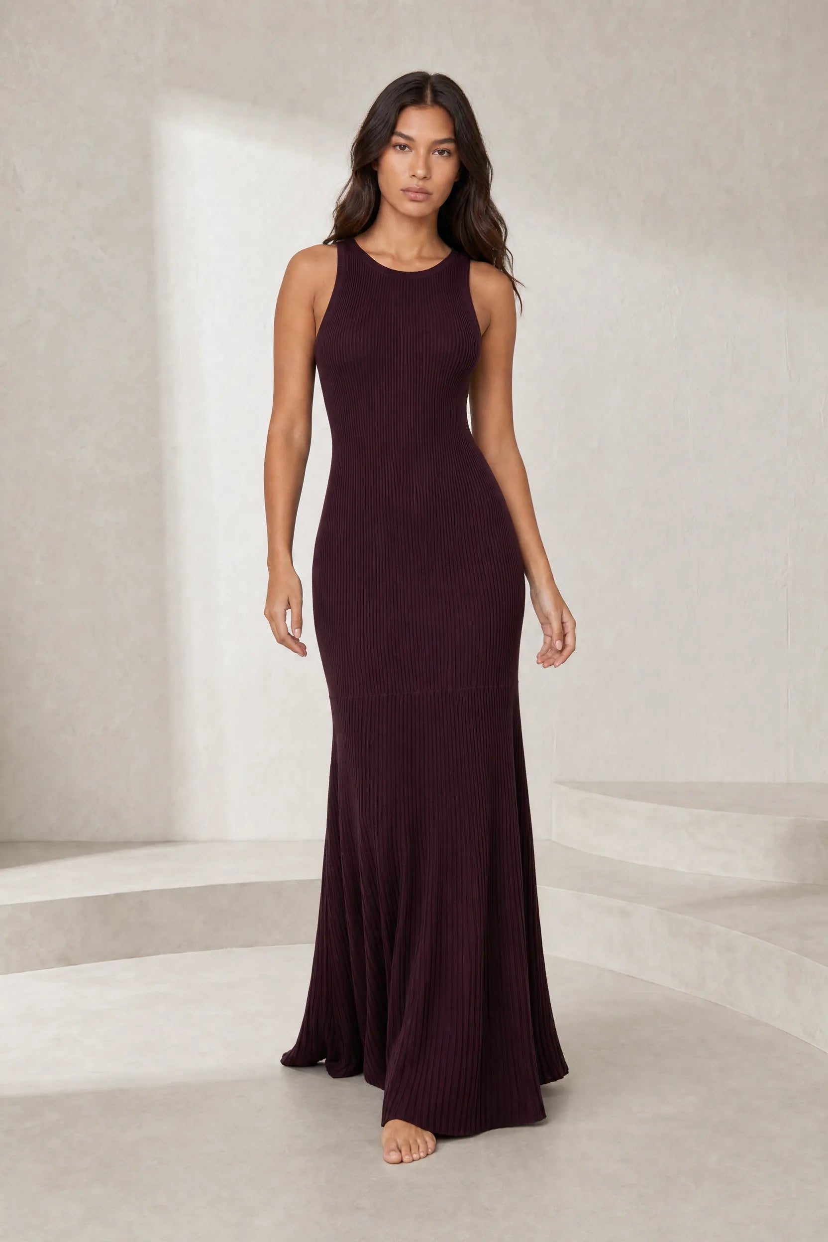 Robe longue bordeaux maille côtelée | Lounelle Paris