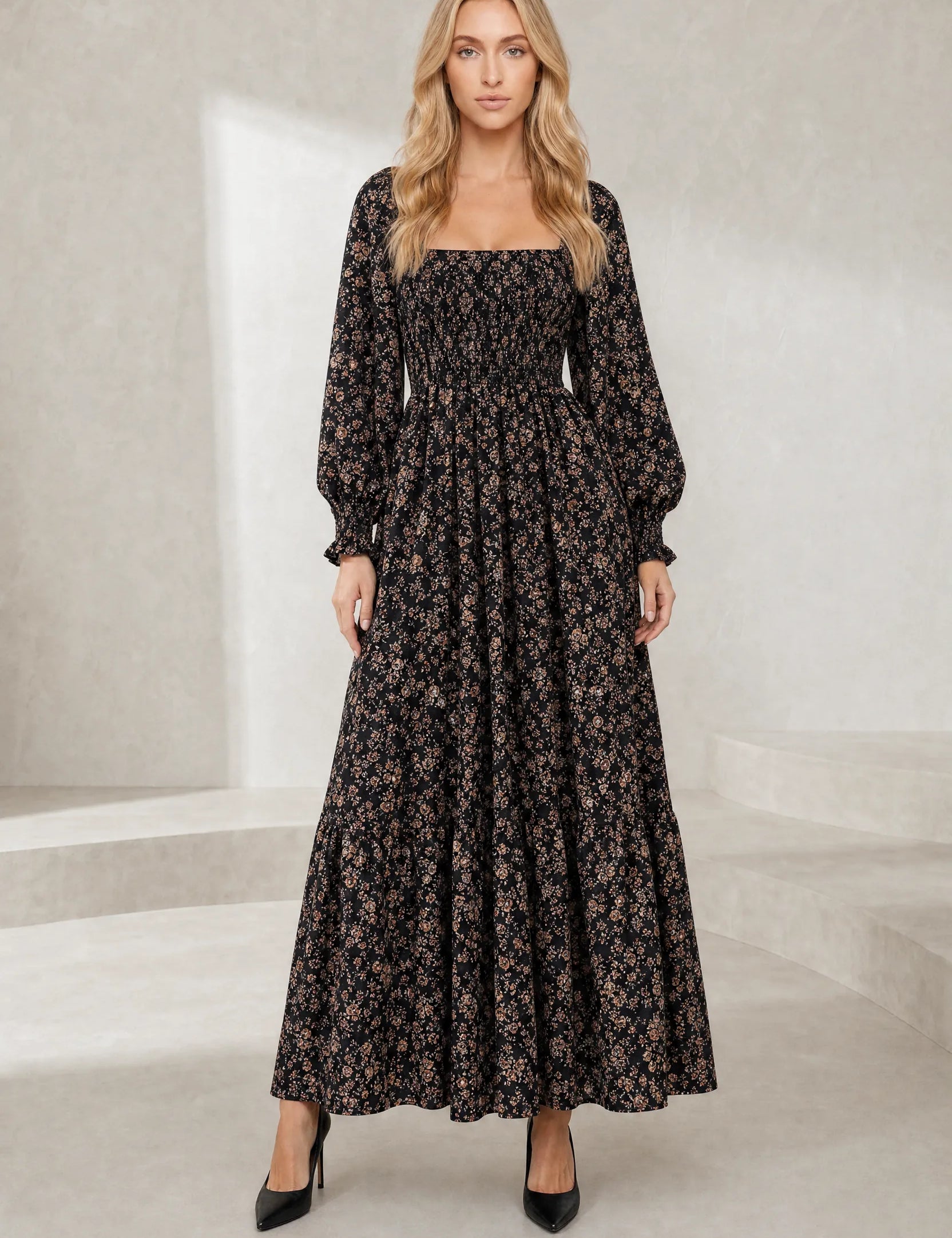 Robe longue fleurie manches bouffantes | Lounelle Paris