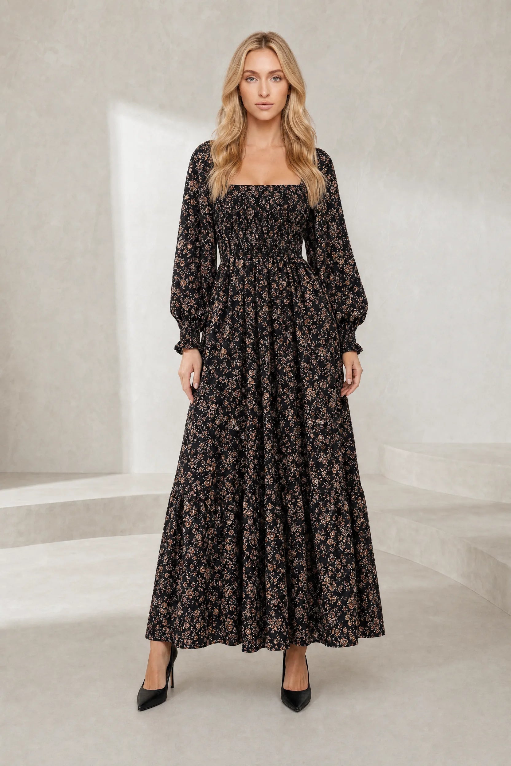 Robe longue fleurie manches bouffantes | Lounelle Paris