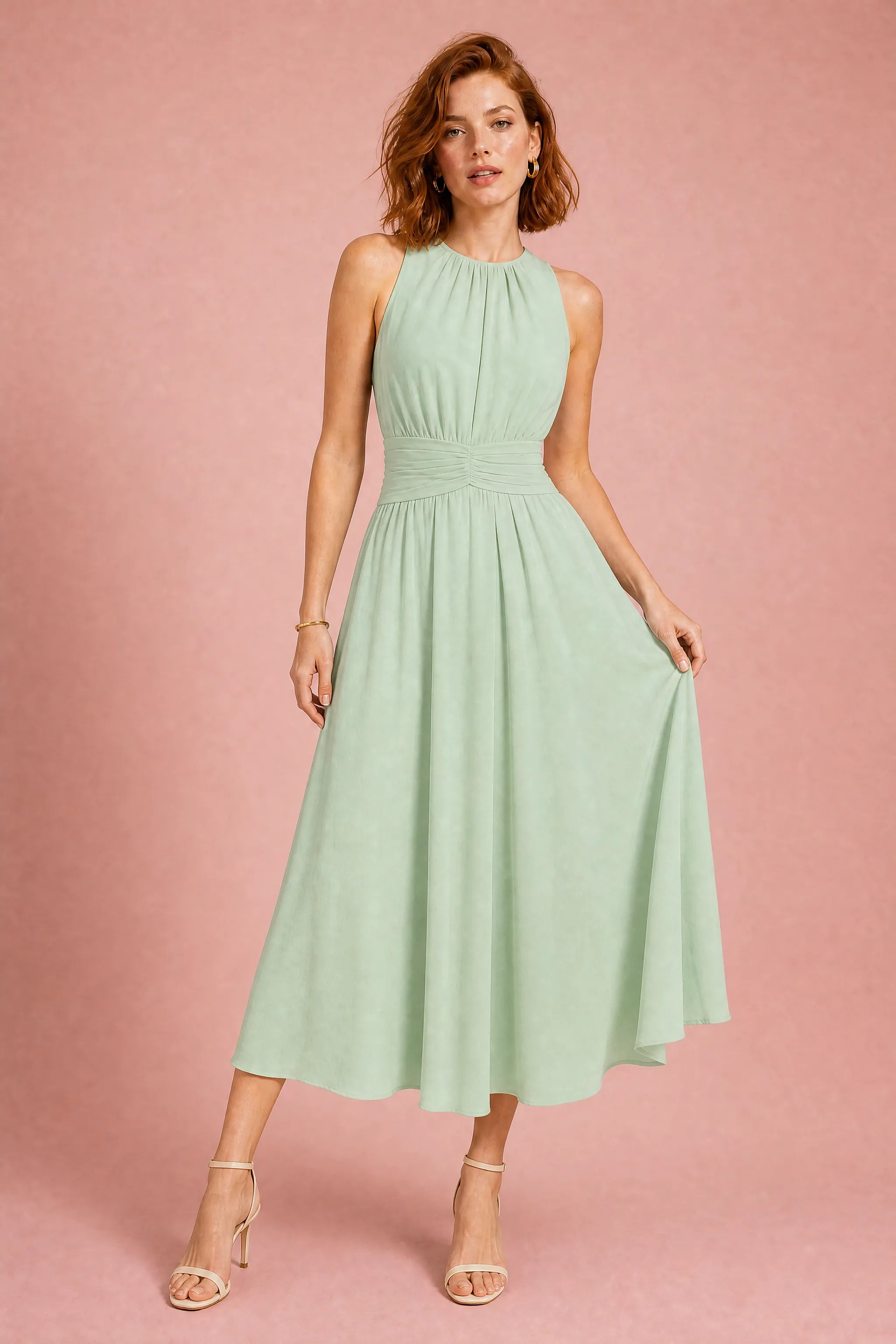 Robe longue fluide taille drapée | Variante Vert | Lounelle Paris