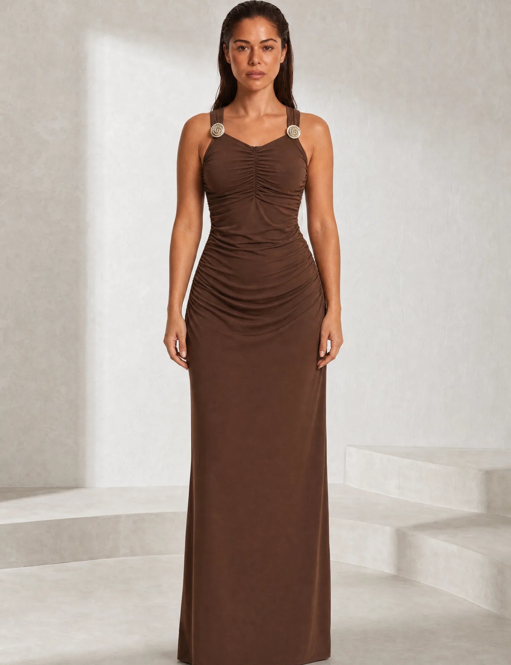 Robe longue marron à fronces | Lounelle Paris