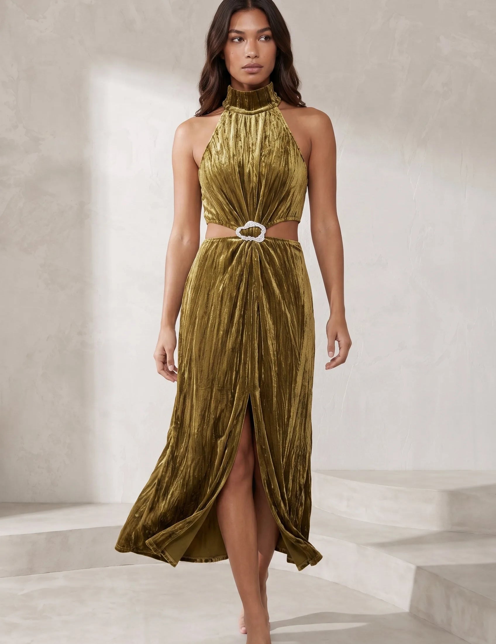 Robe longue or olive dos ouvert | Lounelle Paris