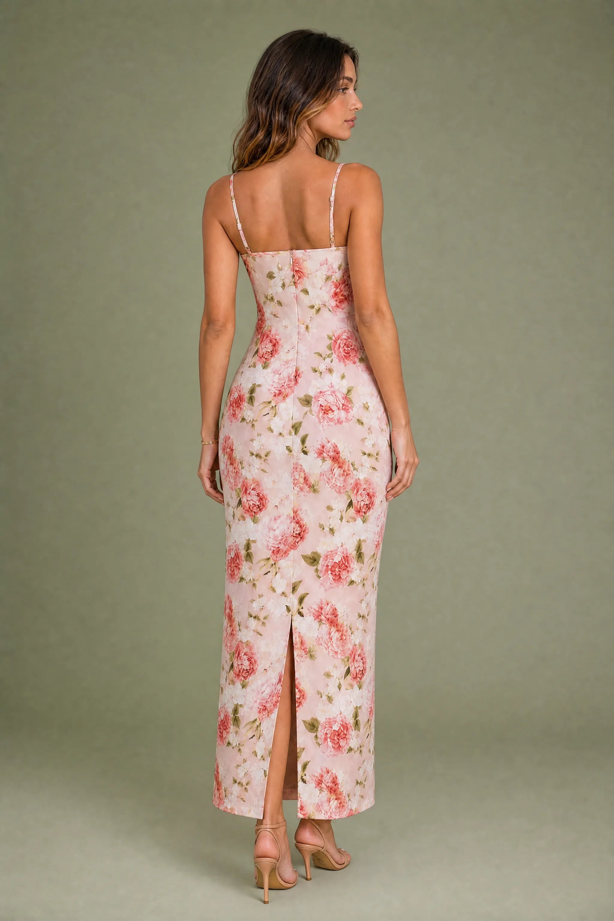 Robe longue rose imprimée dos nu | Vue de dos | Lounelle Paris