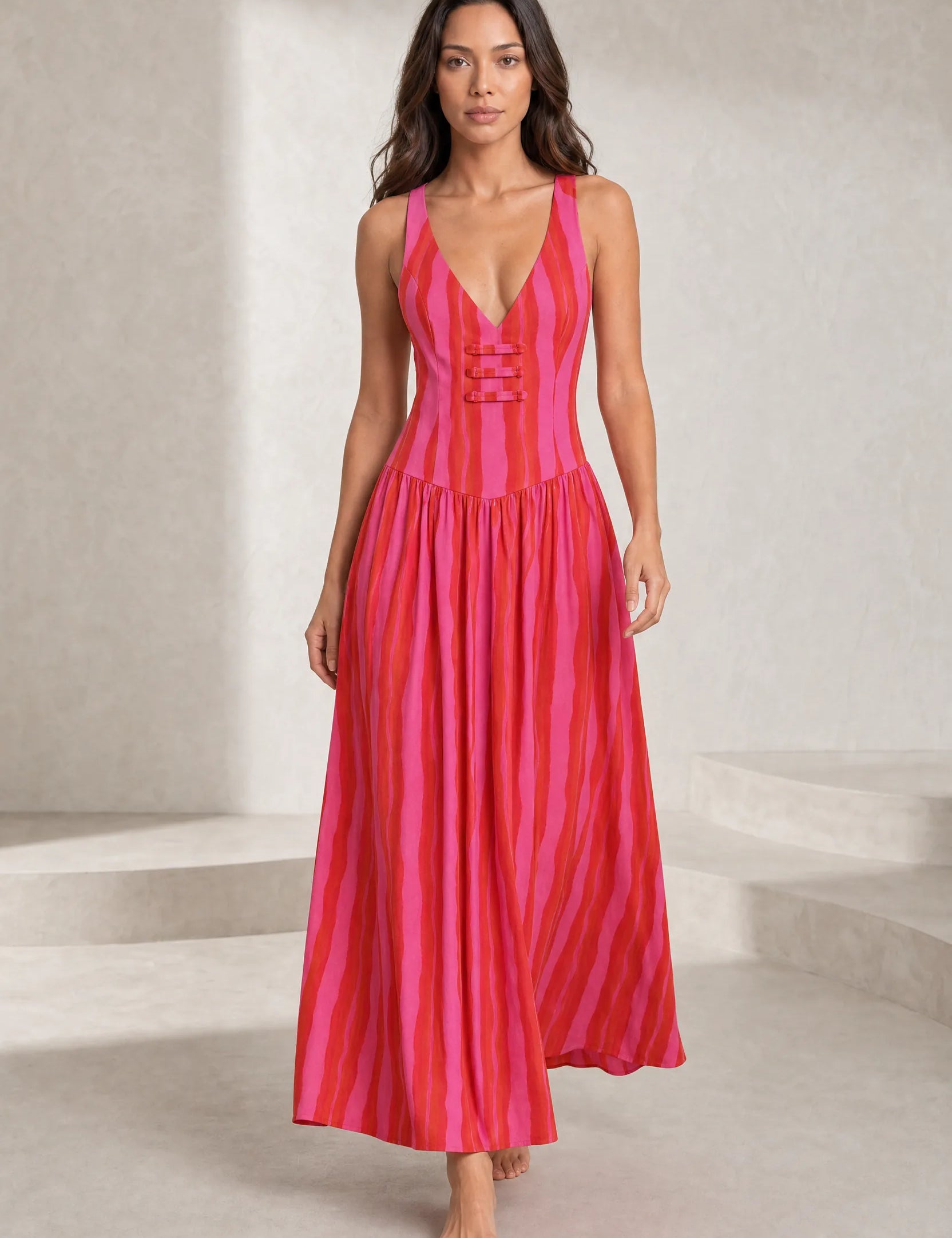 Robe longue rose rayée dos ouvert | Lounelle Paris