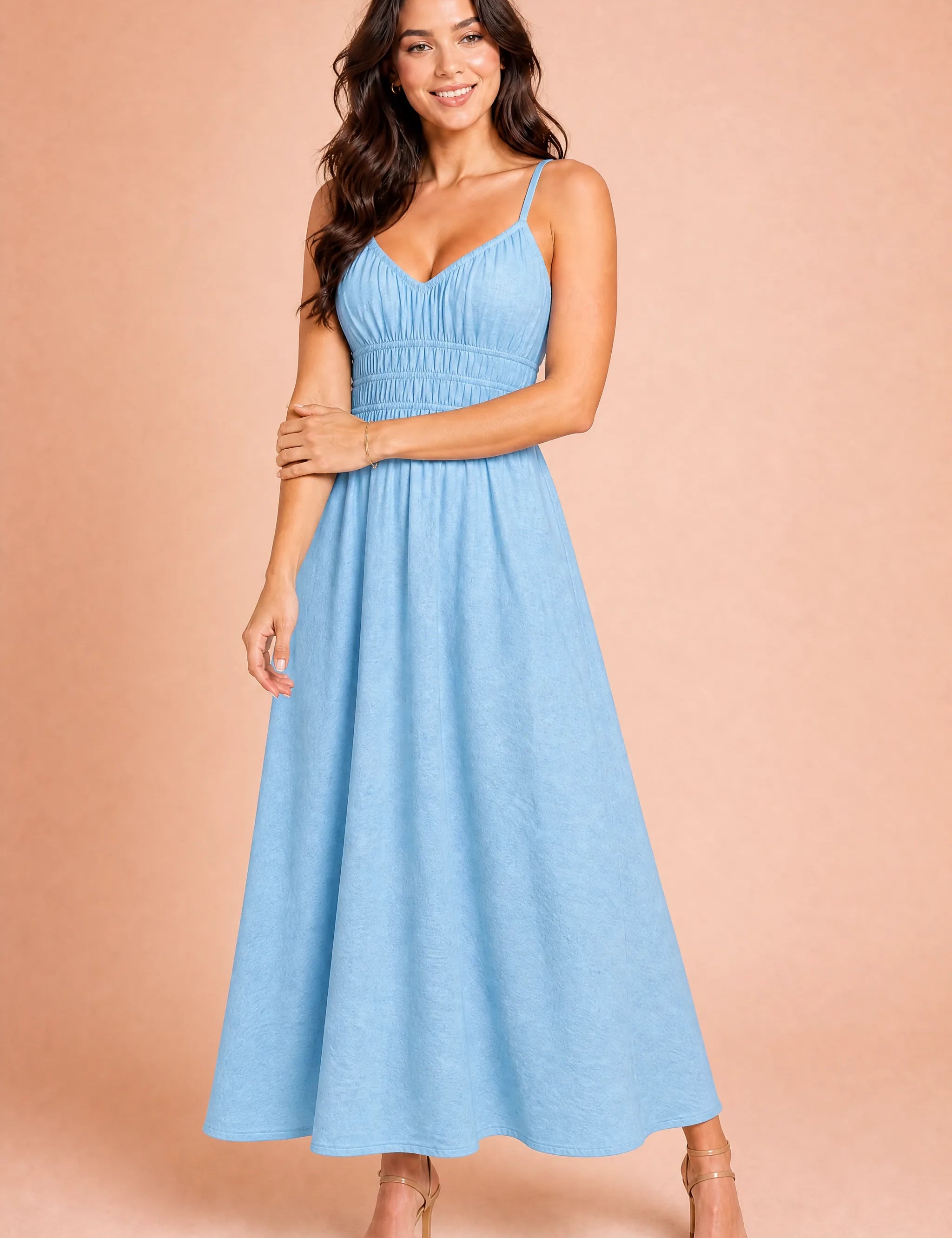 Robe longue smockée dos nu | Variante Bleu | Lounelle Paris