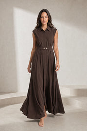Robe marron col chemise ceinturée | Lounelle Paris