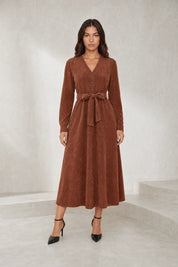 Robe marron col V velours côtelé | Lounelle Paris