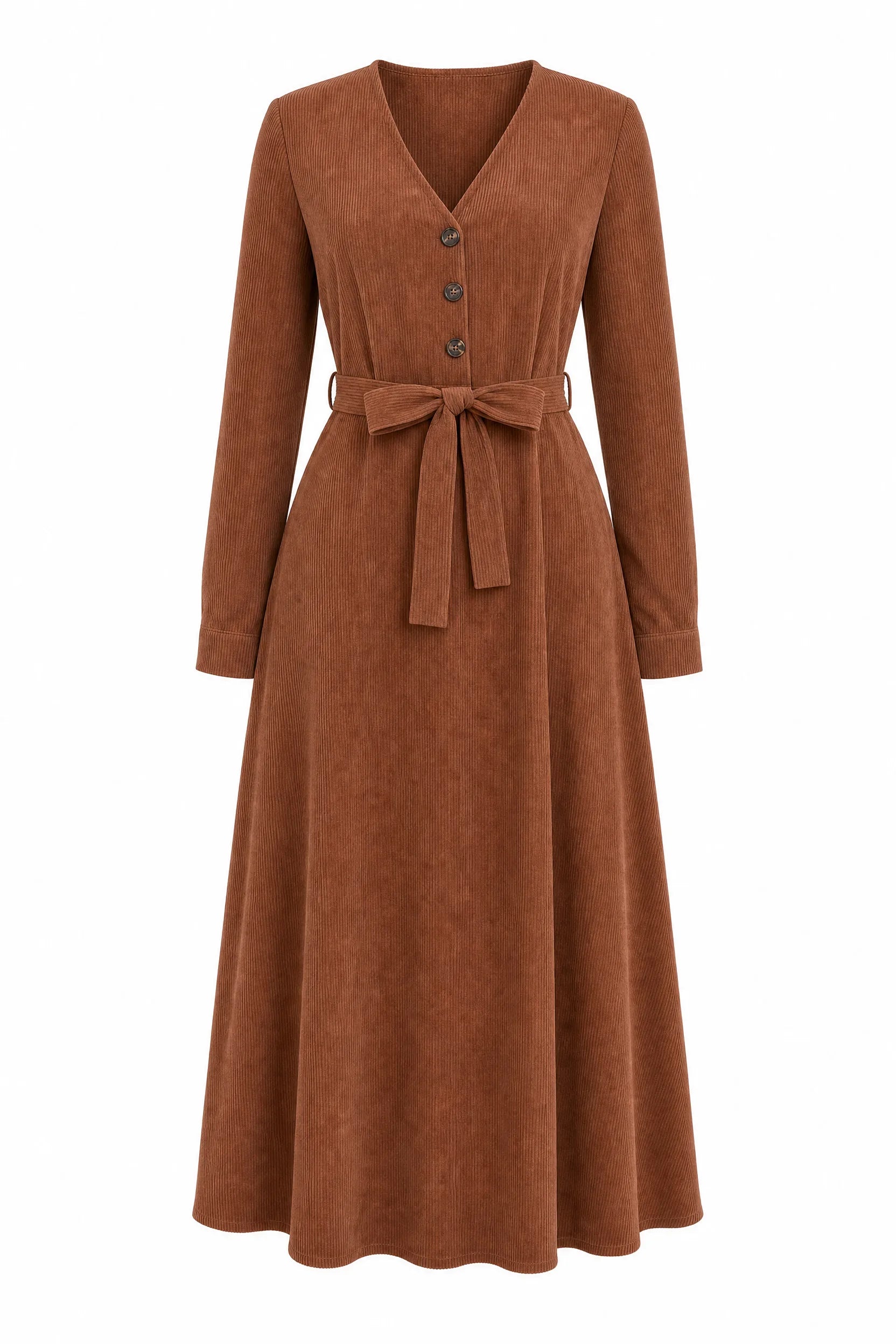 Robe marron col V velours côtelé | Lounelle Paris