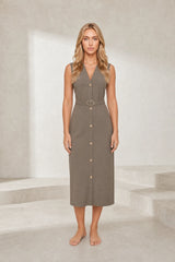 Robe midi col V ceinturée
