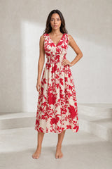 Robe midi rouge fleurie dos nu