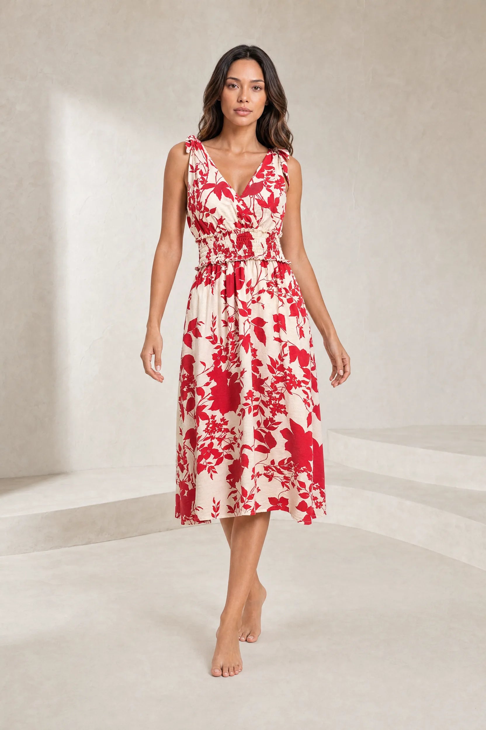 Robe midi rouge fleurie dos nu | Lounelle Paris