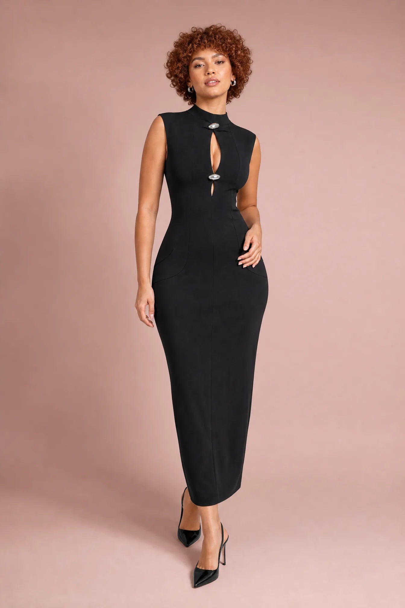 Robe noire col montant sans manches | Vue de face | Lounelle Paris