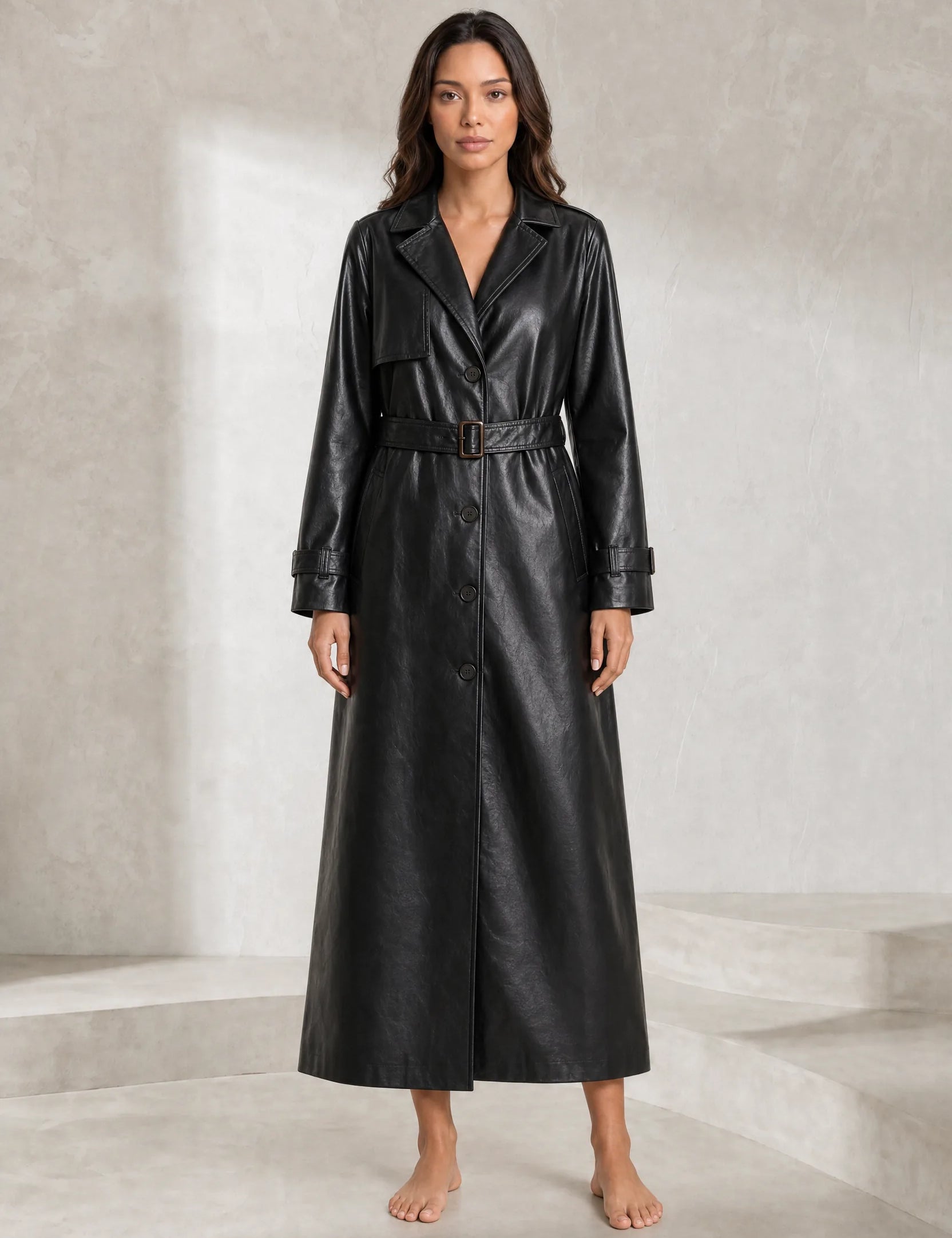 Trench long noir effet cuir | Lounelle Paris