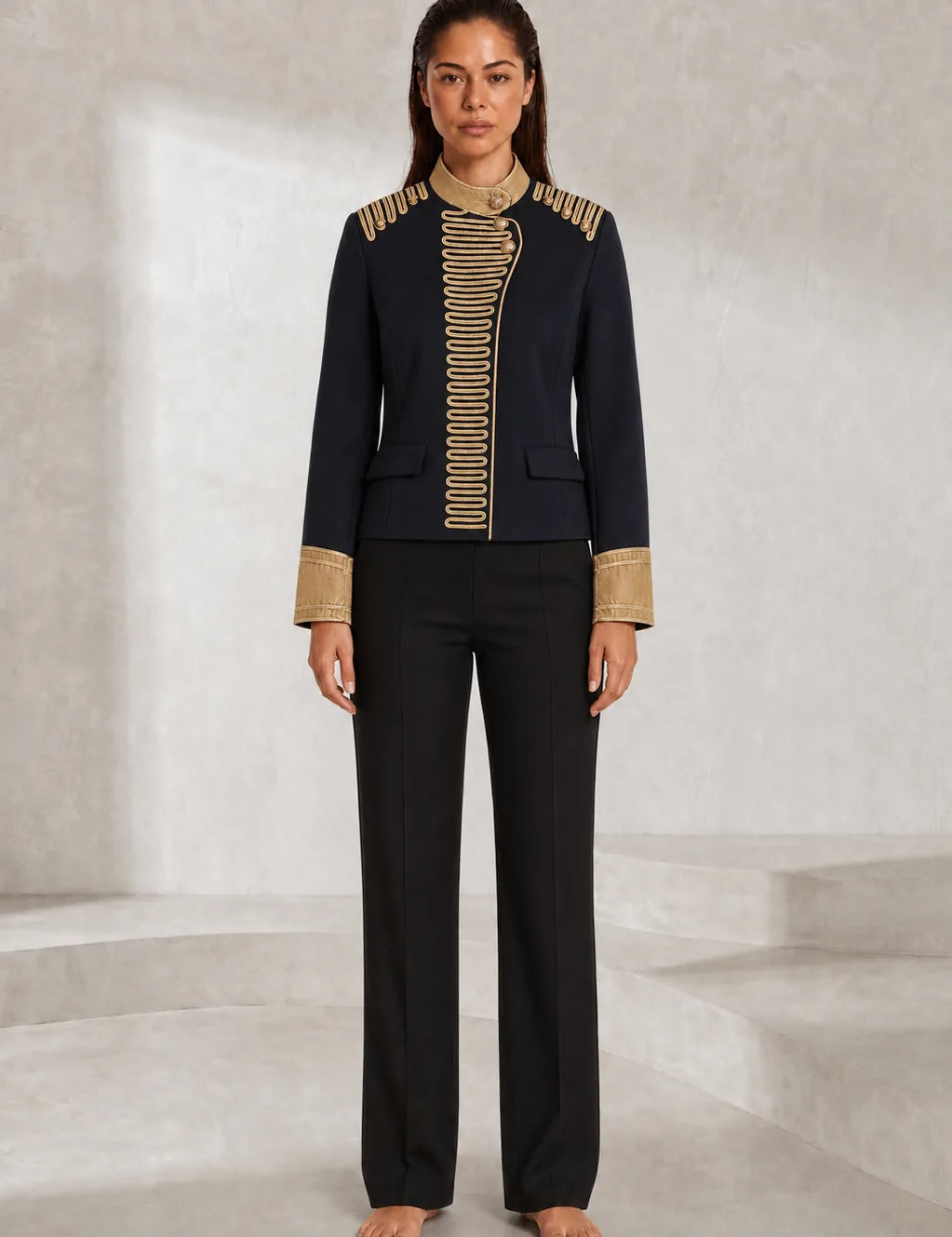 Veste bleu foncé broderies dorées | Lounelle Paris