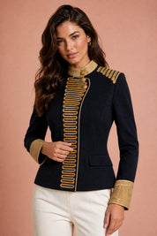 Veste bleu foncé broderies dorées | Vue rapprochée | Lounelle Paris