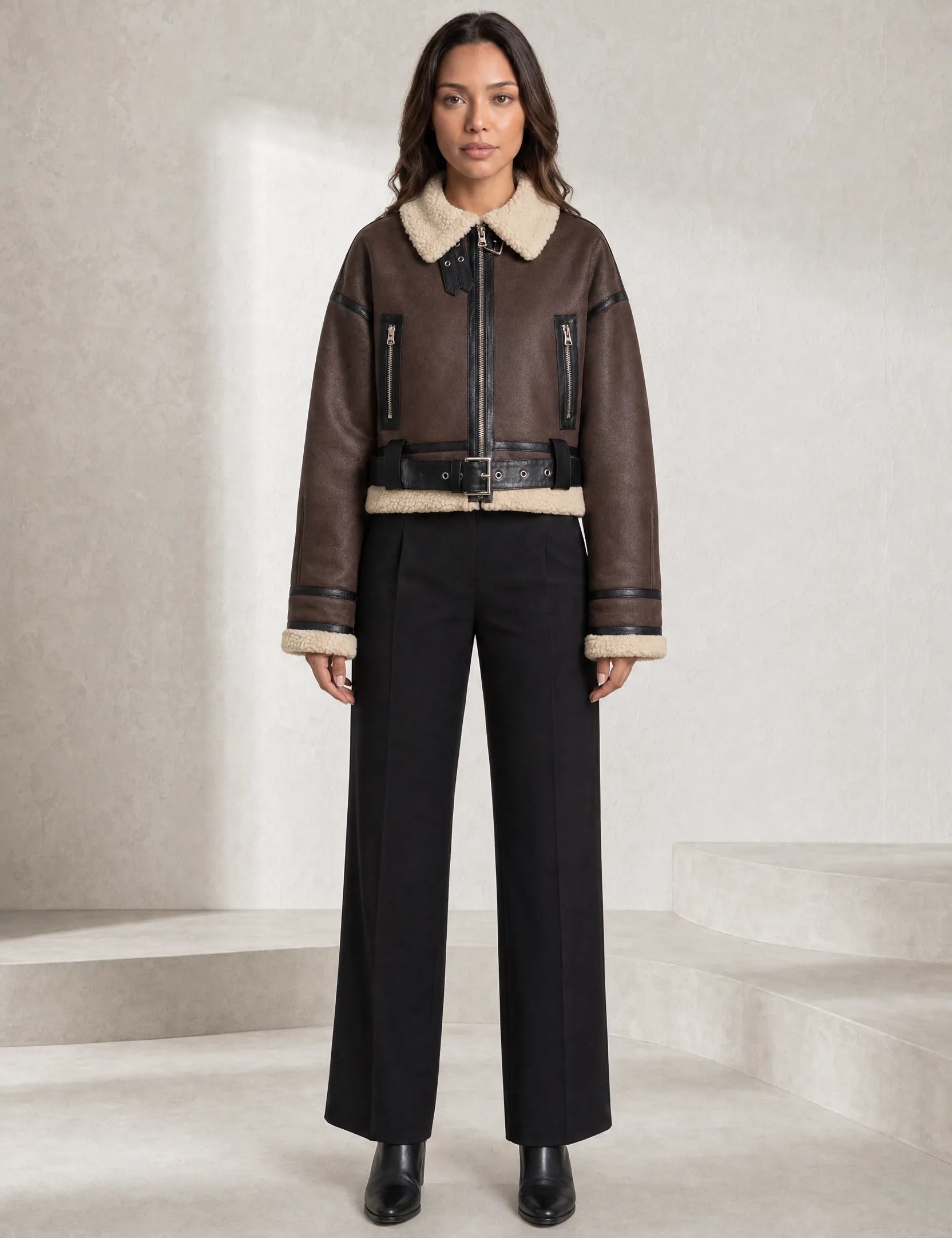 Veste courte effet moutonné à ceinture | Lounelle Paris