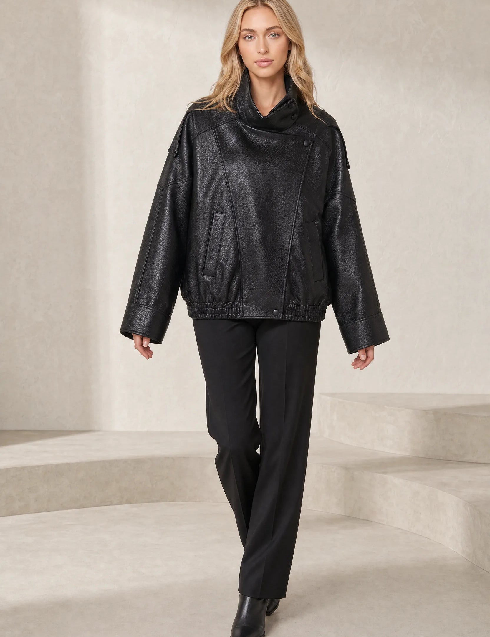 Veste en cuir ample col montant | Lounelle Paris
