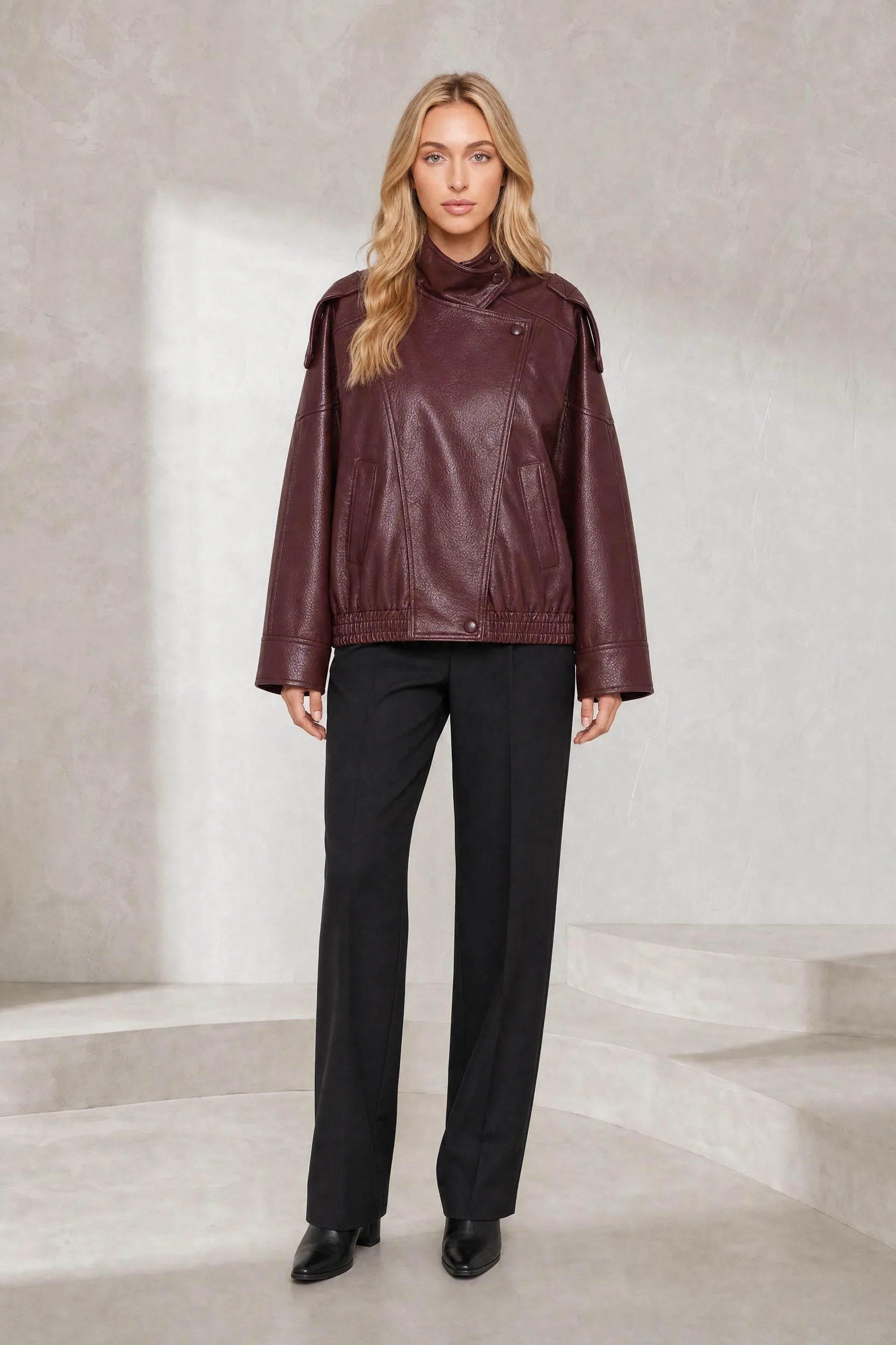 Veste en cuir ample col montant | Lounelle Paris
