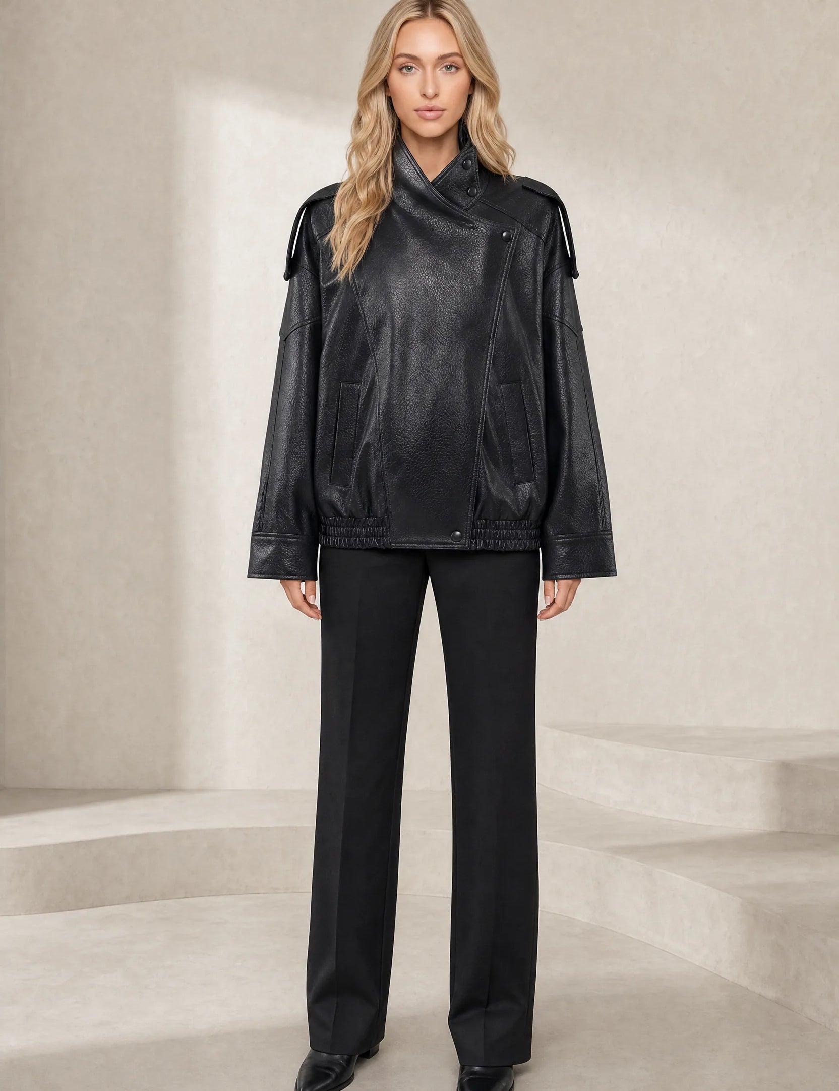 Veste en cuir ample col montant | Lounelle Paris