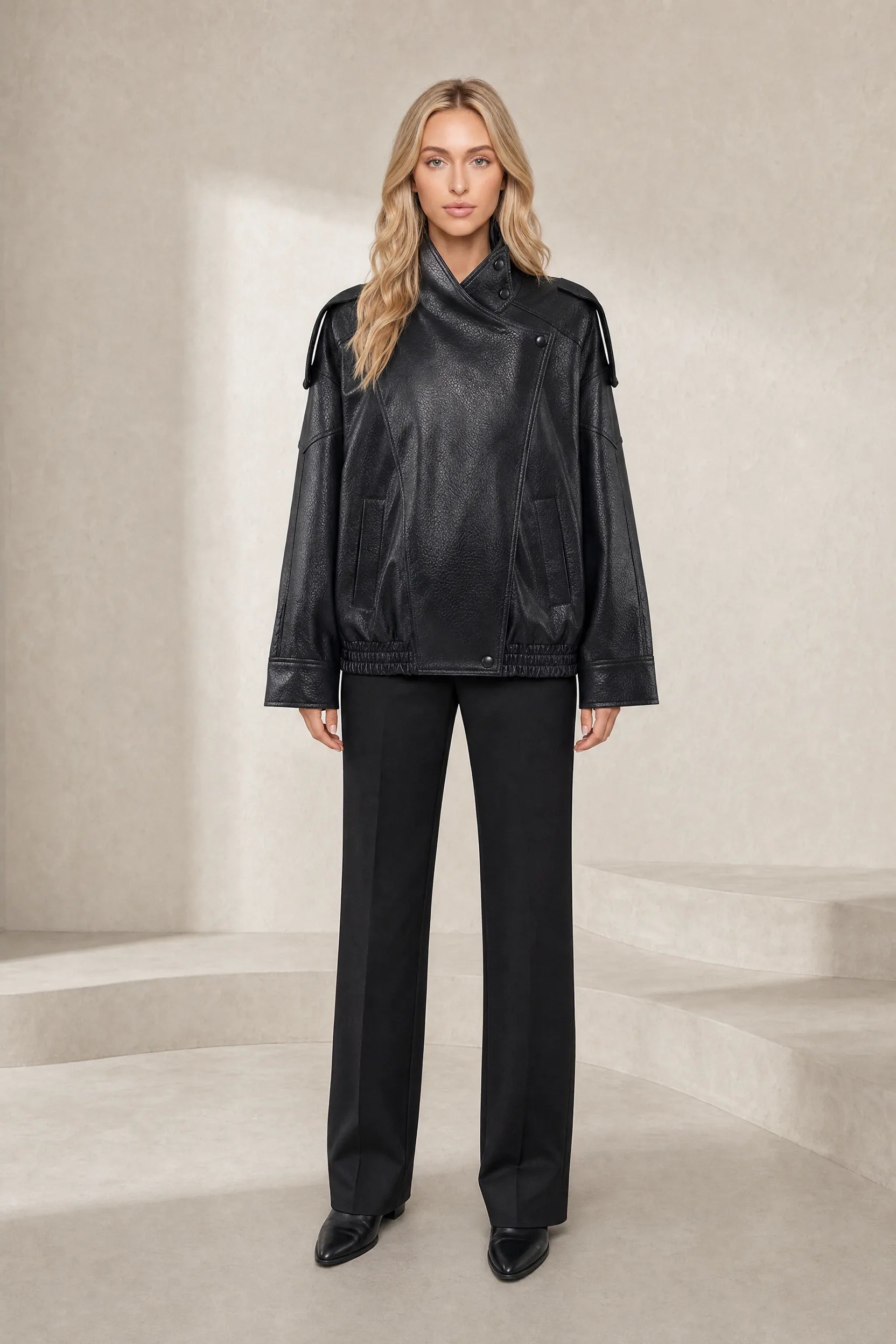 Veste en cuir ample col montant | Lounelle Paris