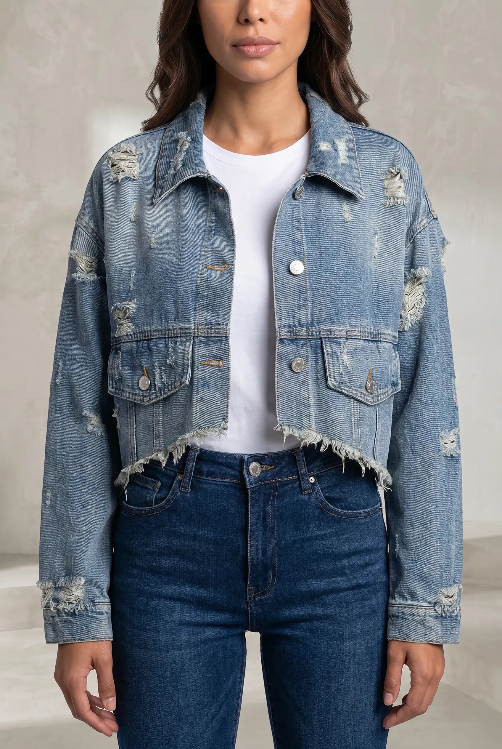 Veste en jean bleu délavé courte | Lounelle Paris