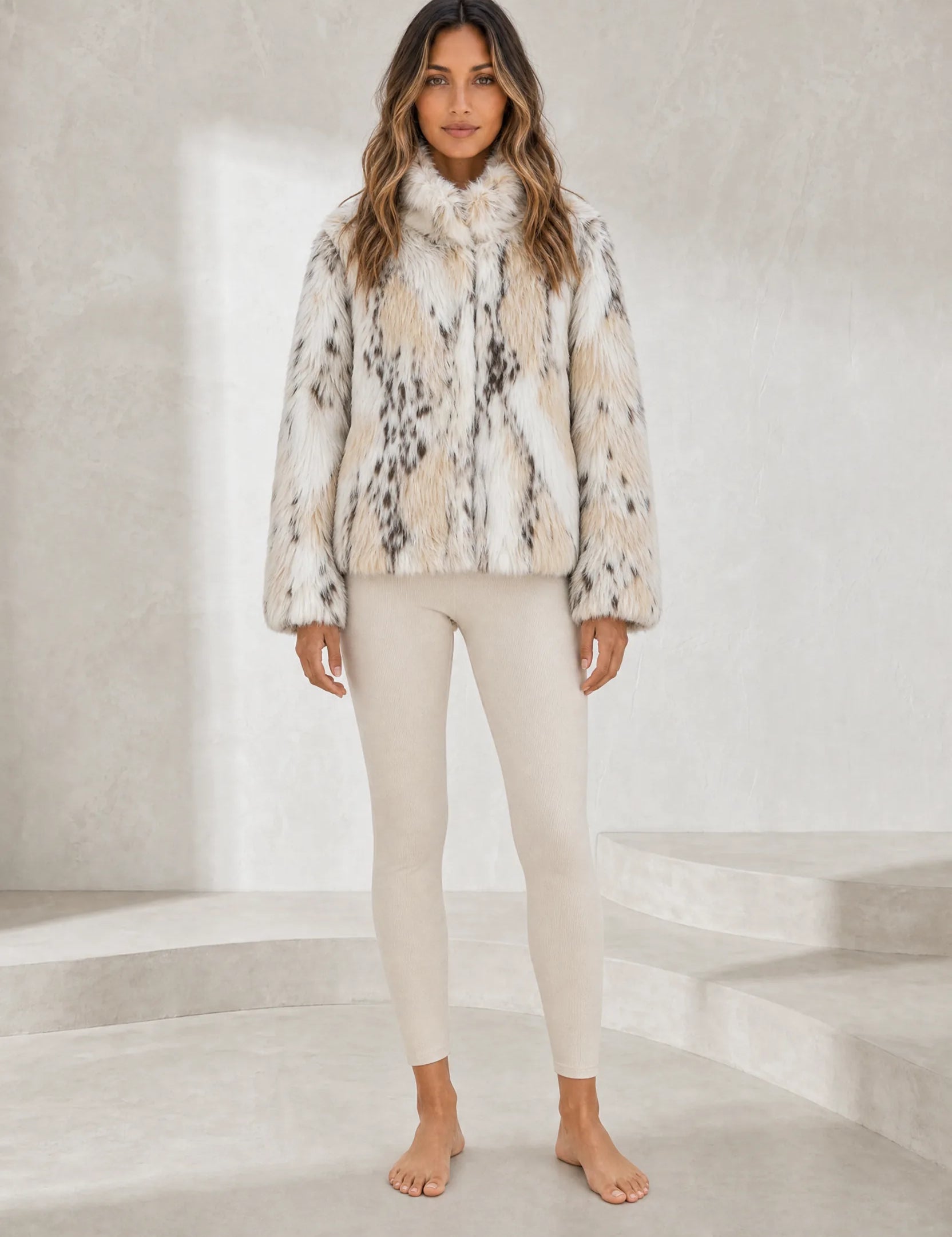 Veste fausse fourrure écru mouchetée | Lounelle Paris