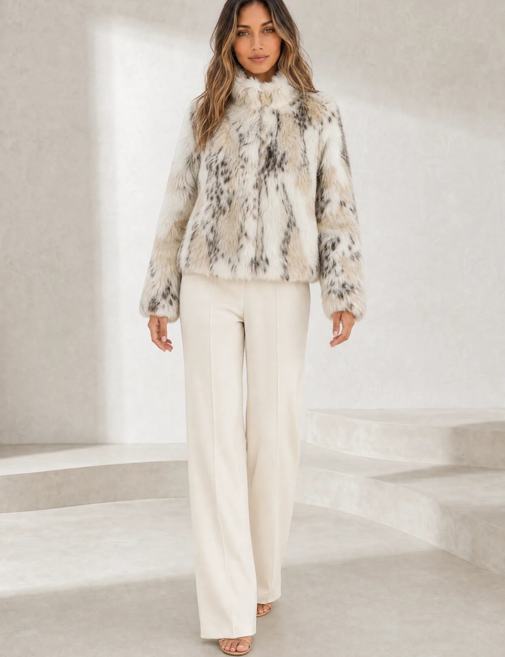 Veste fausse fourrure écru mouchetée | Lounelle Paris