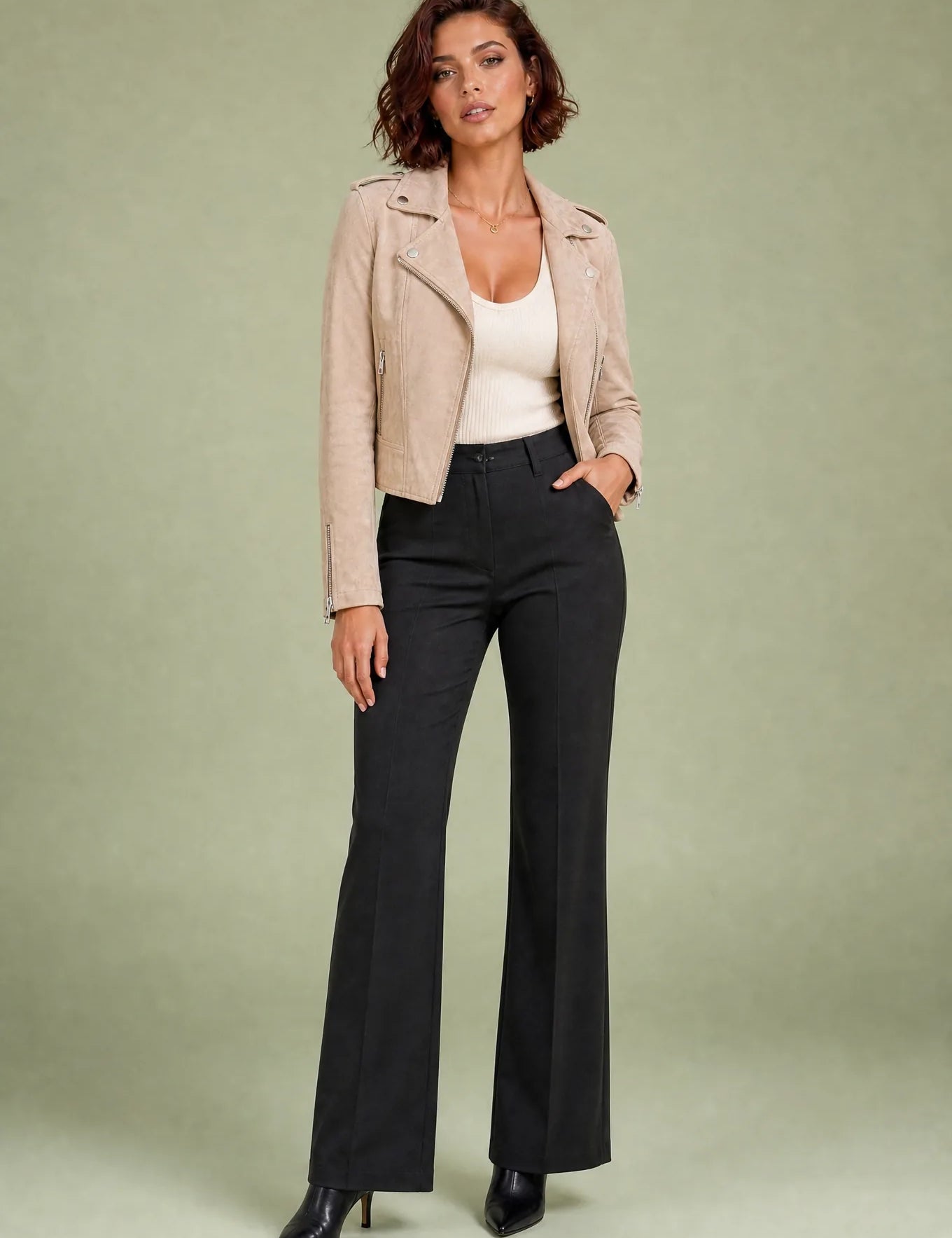 Veste motarde suéde zip asymétrique | Variante Beige | Lounelle Paris